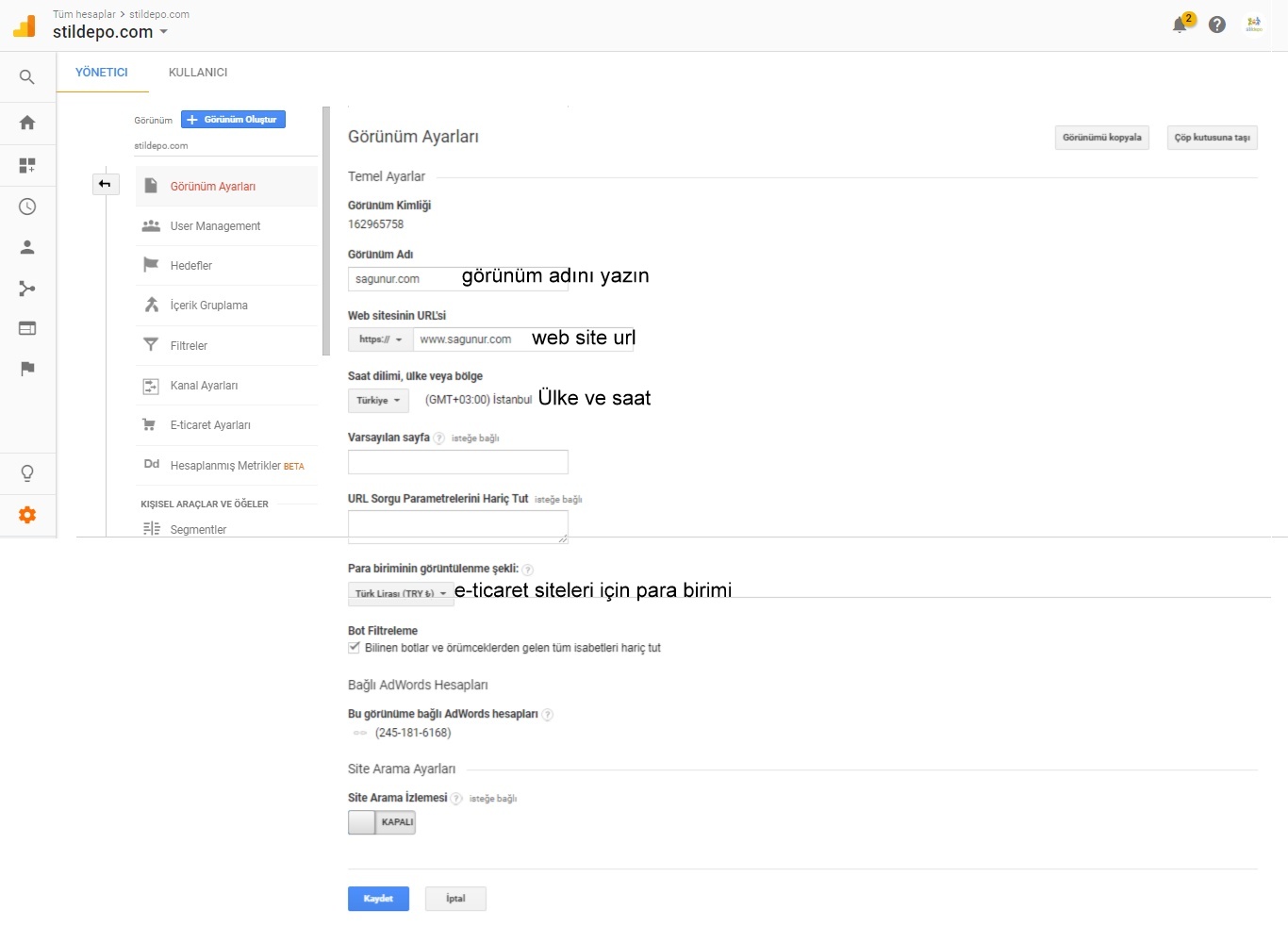 google analytics görünüm ayarları