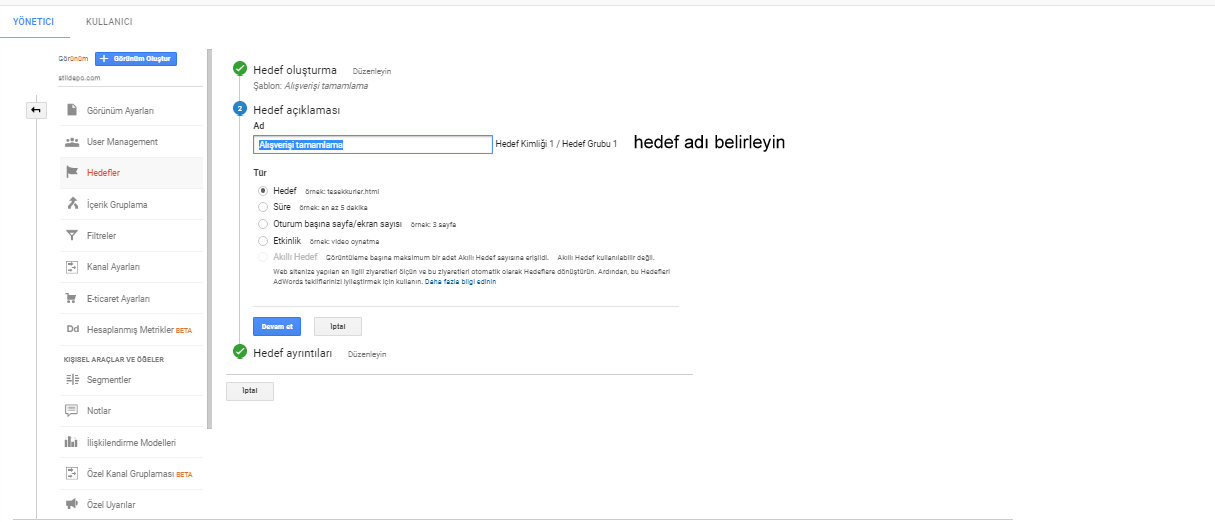 google analytics hedef-hedef açıklama