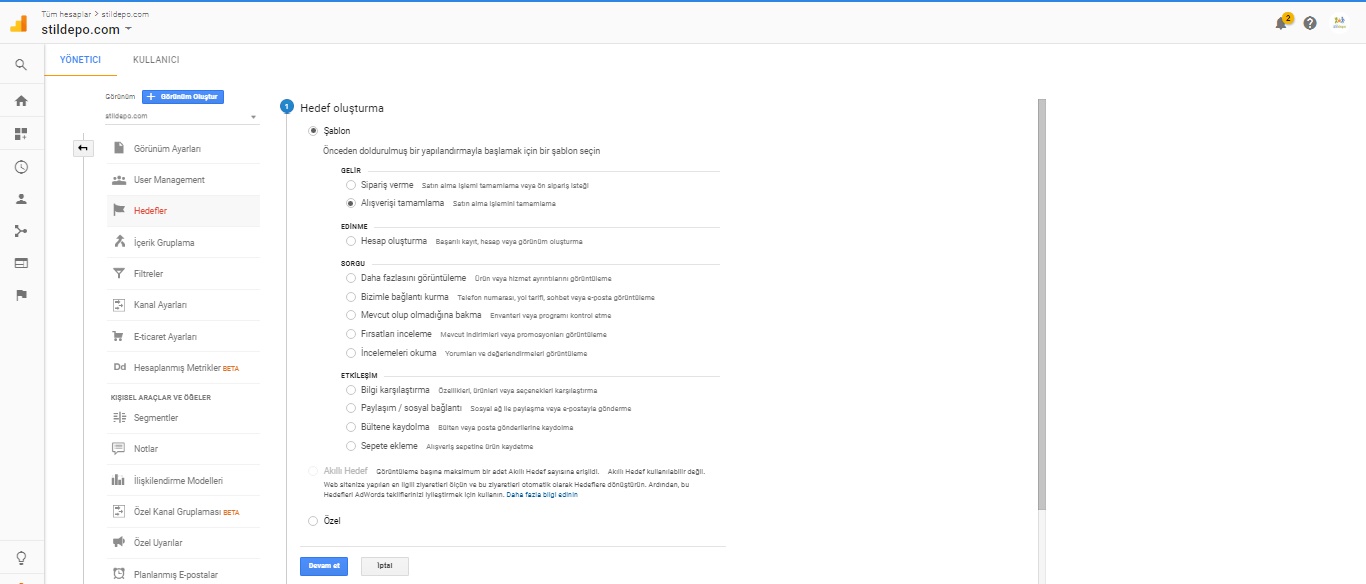 google analytics hedef-hedef oluşturma