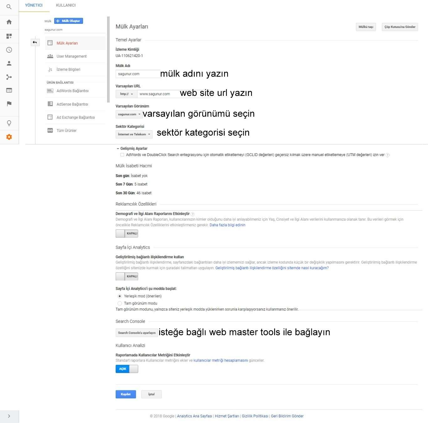 google analytics mülk ayarları